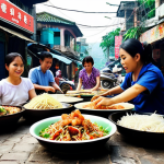**

A vibrant street scene in Hanoi, Vietnam, focusing on "Bun Dau Mam Tom." Capture the essence of the dish: rice noodles, fried tofu, shrimp paste, herbs, and other toppings arranged artfully on a platter.  Emphasize the bustling atmosphere of Hanoi street food, with vendors and locals enjoying the meal. Style: A slightly gritty, realistic photo capturing the realness of Hanoi.

**