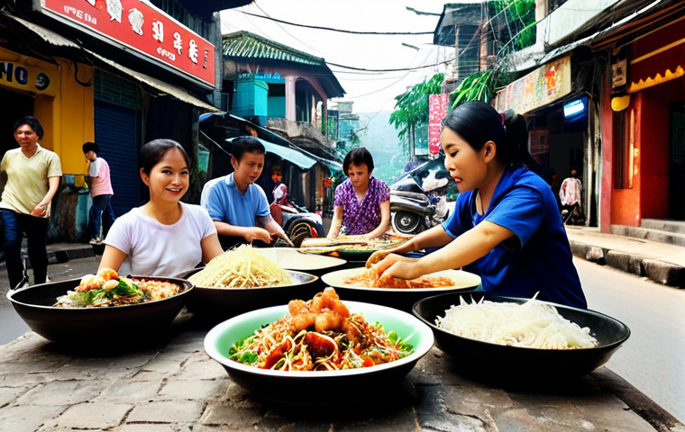 **

A vibrant street scene in Hanoi, Vietnam, focusing on "Bun Dau Mam Tom." Capture the essence of the dish: rice noodles, fried tofu, shrimp paste, herbs, and other toppings arranged artfully on a platter.  Emphasize the bustling atmosphere of Hanoi street food, with vendors and locals enjoying the meal. Style: A slightly gritty, realistic photo capturing the realness of Hanoi.

**